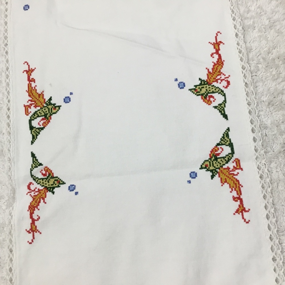Vintage Embroidery Stitched Fish Bubbles Decorative Linen
